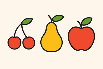 Outline Minimalist Fruit Icon Set with Cherry Pear and Apple Design