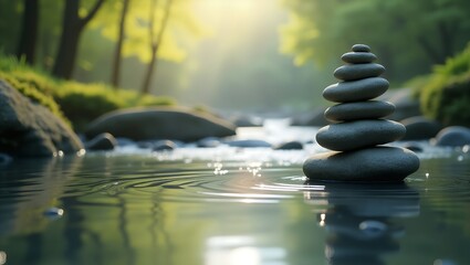 Obraz premium Balanced Zen Stones in Natural Landscapes Symbolizing Mindfulness, Harmony, Meditation, and Spiritual Calmness Worldwide