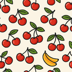 Whimsical Handdrawn Cherry and Banana Seamless Pattern for Textile Desig