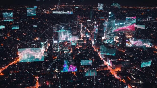 Night cityscape overlayed with digital displays networked lines showing skyscrapers streets lights creating a futuristic tech theme - Powered by Adobe