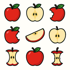 Cute Handdrawn Red Apple Fruit Illustration Various Stages of Eating