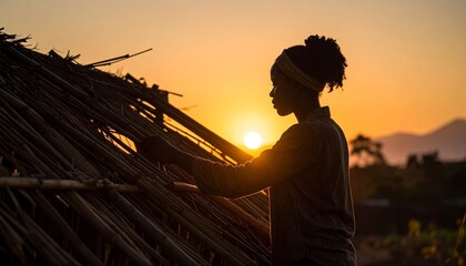 Fototapeta premium Woman crafts a thatched roof at sunset, symbolizing resilience and sustainable building