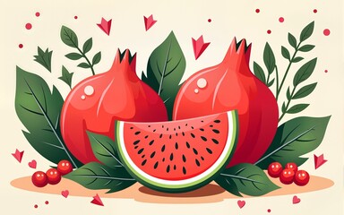 Yalda Festival Watermelon and Pomegranate Illustration Design. High quality