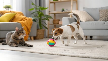 dog, animal pet, puppy, canine, dogs, beach, stray, mammal, brown, cat, breed, domestic, woman, pets, sleeping  Inside a cozy modern living room, a doge and cat happily play with a colorful toy ball, 