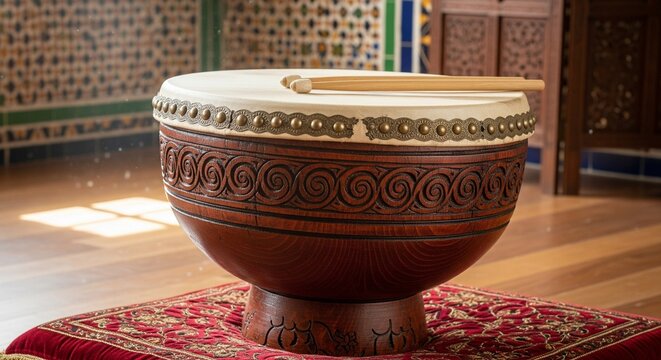 Beautifully carved atabal drum with drumsticks, representing traditional Moorish and Spanish percussion instruments.