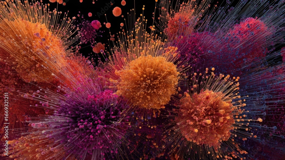 Poster detailed streaming particles in vivid hues exploding from cellular hubs symbolizing an aggressive bi