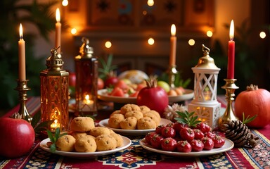 Fototapeta premium Traditional Yalda Night decorations with Persian rugs, lanterns, and a table filled with pomegranates, watermelons, and festive treats. High quality