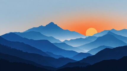Fototapeta premium Minimalist Vector Illustration of Mountain Range with Sunset Scenery