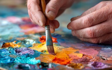 Close-up view of hands mixing vibrant colors on an 's palette, showcasing the meticulous process of oil painting.