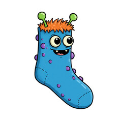 Cheerful blue sock monster with orange hair and antennae isolated on white background