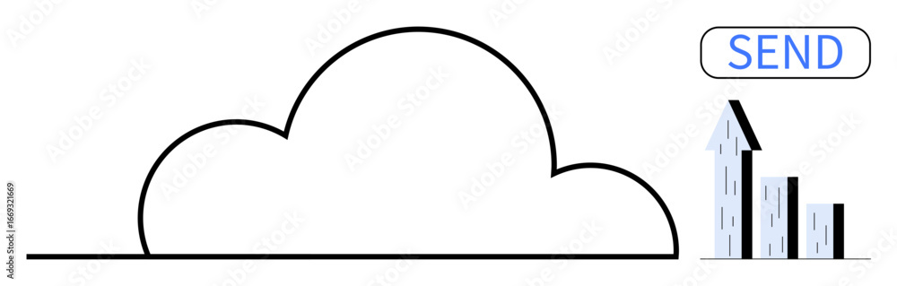 Poster cloud outline with buildings and send button highlights tech, communication, and growth. ideal for c