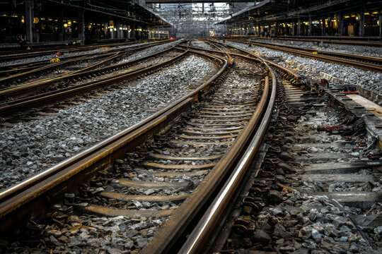 Industrial railroad track junction with many choices, path to travel