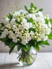 Beautiful bouquet of white flowers with green leaves