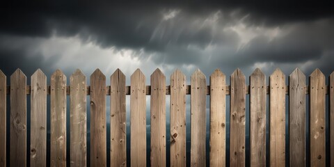 Weathered wood fence leaning against a somber gray atmospheric background