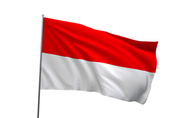 Indonesian flag, a horizontal bicolor with red and white, waving on a flagpole and isolated on a white background.