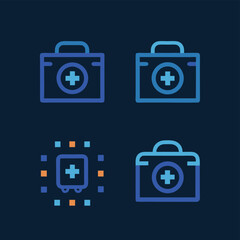 Illustration of set of four medical icons featuring first aid kits and a digital health symbol, presented in a clean, modern outline style on a dark blue background