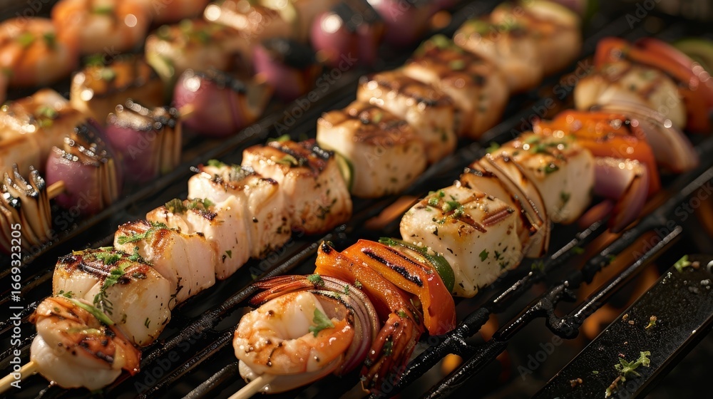 Poster an array of assorted seafood skewers brushed with avocado oil before hitting the grill.