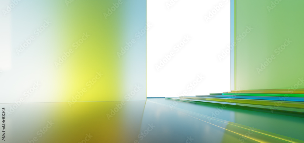 Poster 3d rendering colorful glass stage setting creating modern ambiance for presentations