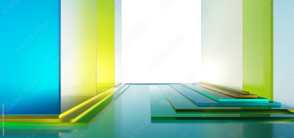 Poster 3d rendering colorful glass stage setting with bright backdrop illuminating modern architectural des