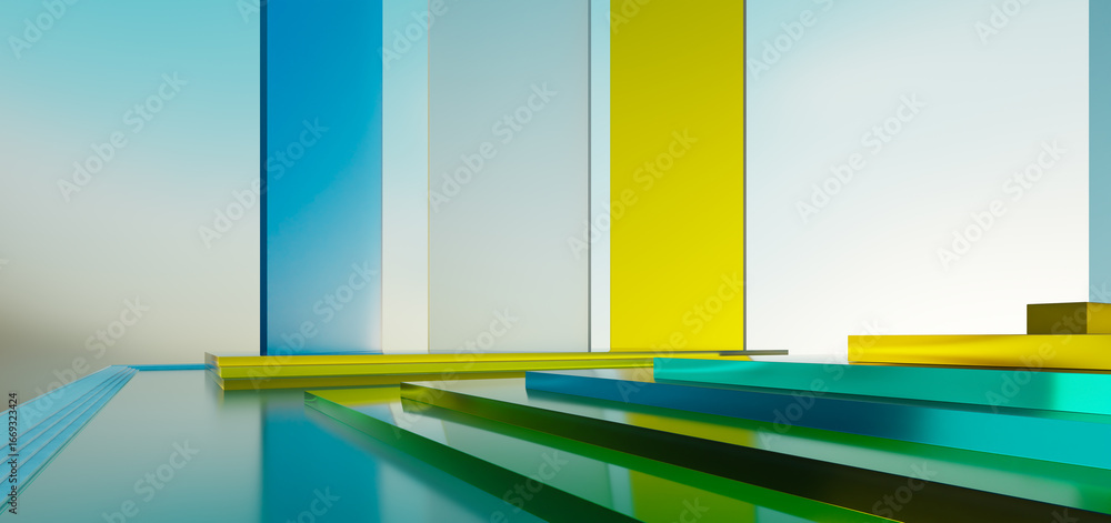 Poster 3d rendering colorful glass stage setting reflecting on glossy floor