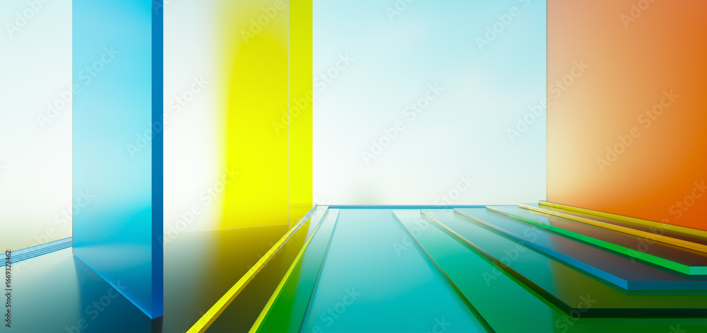 Poster 3d rendering colorful glass stage setting creating vibrant backdrop for presentations