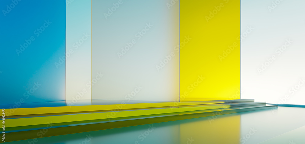 Aufkleber 3d rendering glass stage with colorful walls creating modern presentation space