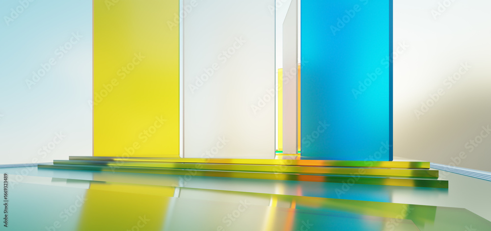 Aufkleber 3d rendering colorful glass panels rising from reflective stage in modern architectural rendering