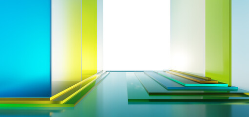 3d rendering colorful glass stage setting with bright backdrop illuminating modern architectural design