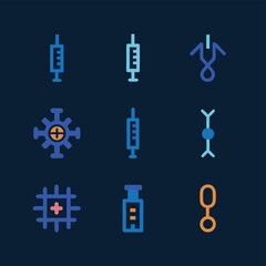 Illustration of set of medical icons including syringes, virus, dna strand, and pill, symbolizing healthcare, vaccination, research, and treatment, on a dark blue background