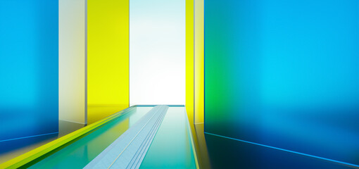 3d rendering glass walls framing bright stage with reflective floor