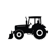 Black silhouette of a tractor with front loader in a white background, farm tractor with plow silhouette vector illustration