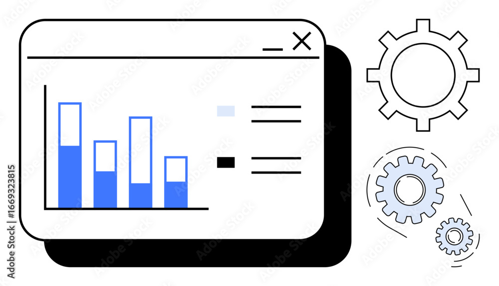 Poster bar graph within desktop window, accompanied by interconnected gears symbolizing processes and optim