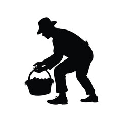 Silhouette of a farmer picking eggs from basket on a white background, farmer collecting eggs silhouette vector illustration