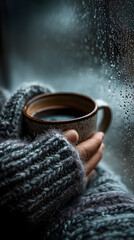 Hand holding warm coffee cup, embraced by cozy knitted sweater. Rain softly falls outside window, creating peaceful and comforting mood