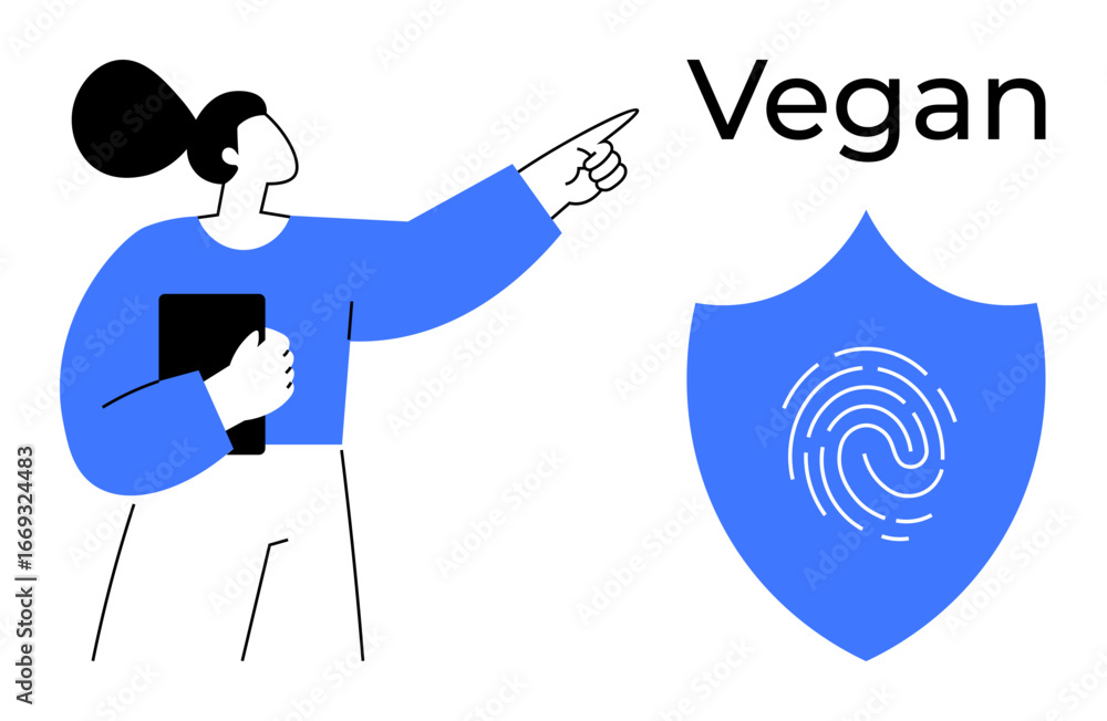 Poster woman holding a tablet while pointing at a fingerprint inside a shield with vegan text above. ideal 