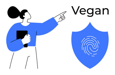 Woman holding a tablet while pointing at a fingerprint inside a shield with Vegan text above. Ideal for ethical lifestyle, veganism, security, health, sustainability, awareness, branding. Simple flat