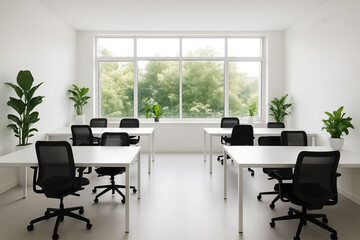 Modern office interior with natural light and greenery bright work space.