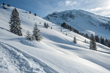 Obraz premium Snowy mountain slope with ski tracks and evergreen trees