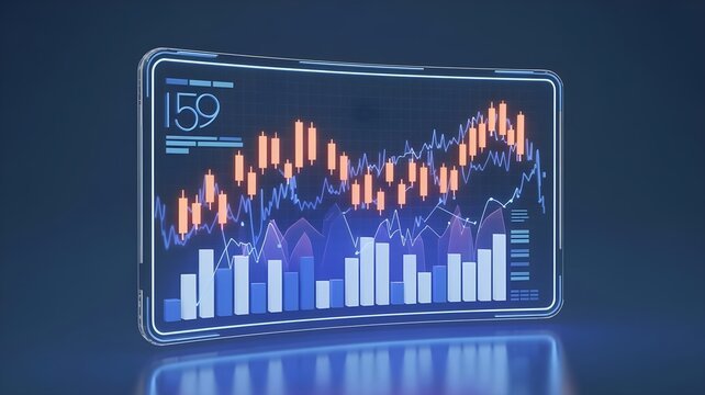 Futuristic fintech dashboard hologram with financial data.