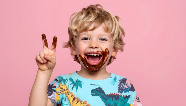 Joyful boy with chocolate covered face and peace sign shows pure happiness and childhood fun