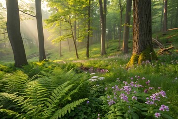 Fototapeta premium Sunlight filtering through lush green forest with ferns and wildflowers