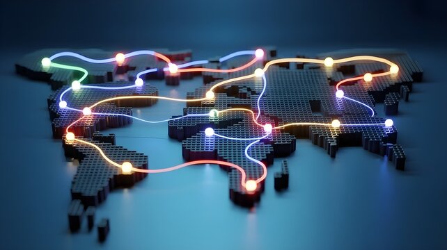 Glowing routes and pathways on a digital map, network concept. - Powered by Adobe
