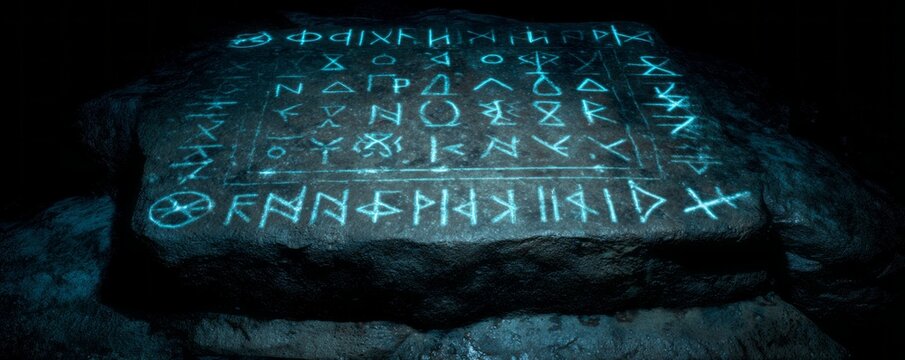 Ancient runes etched onto a dark stone slab glow faintly in the shadowed environment.