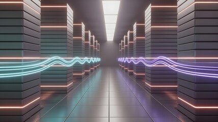Futuristic data processing center with servers and data flow.