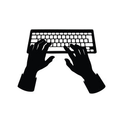 Silhouette of hands typing on a computer keyboard in black and white, hand typing keyboard silhouette vector illustration