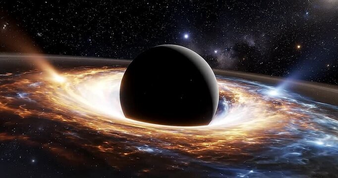 Black hole with accretion disk and stars in outer space rendering - Powered by Adobe