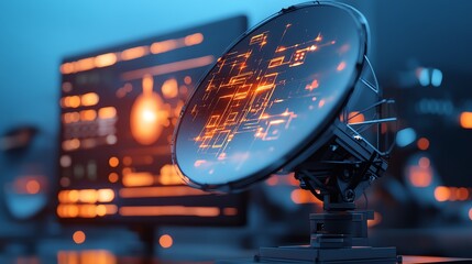 A parabolic dish antenna glowing with holographic overlays