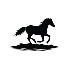 Running horse silhouette on grassy terrain evokes a sense of freedom and power, horse running along beach silhouette vector illustration