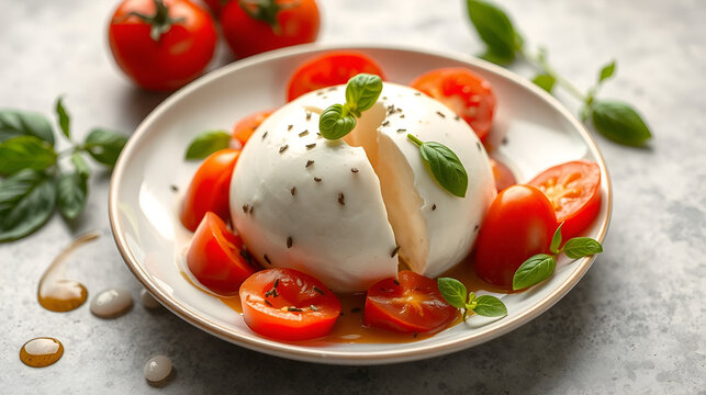 mozzarella buffala cut in the middle, in the center of a plate, with roquet, basilic, olive oil and tomatoes on the side