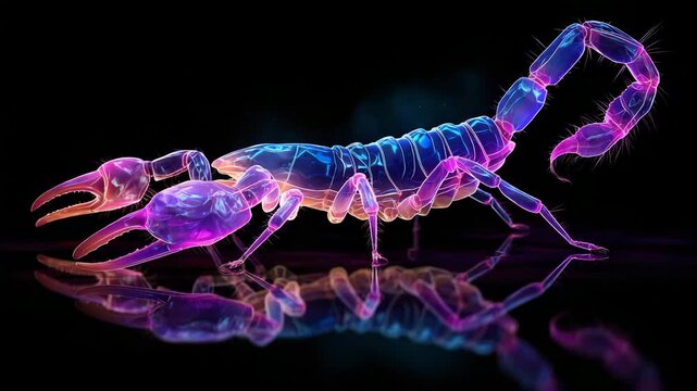 Colorful glowing scorpion highlights bioluminescent underwater world